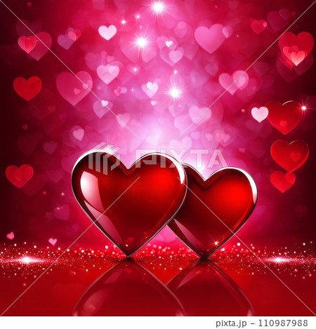 Red pair of hearts with bright light decorative garlands and golden confetti, Romantic background. Red pair of hearts with bright light decorative garlands and golden confetti, Romantic background. 110987988