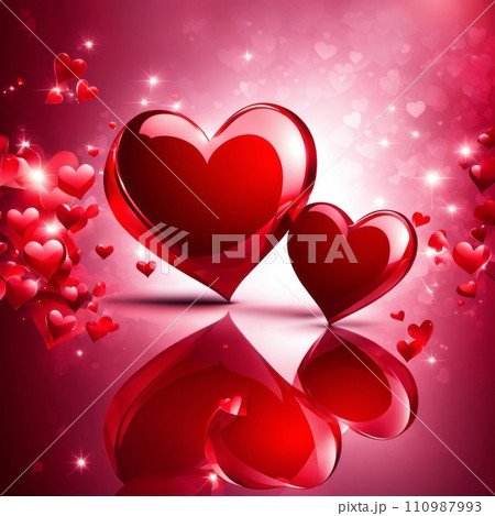 Red pair of hearts with bright light decorative garlands and golden confetti, Romantic background. Red pair of hearts with bright light decorative garlands and golden confetti, Romantic background. 110987993