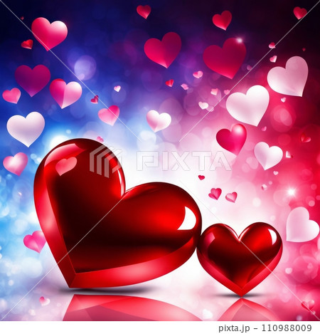 Red pair of hearts with bright light decorative garlands and golden confetti, Romantic background. Red pair of hearts with bright light decorative garlands and golden confetti, Romantic background. 110988009