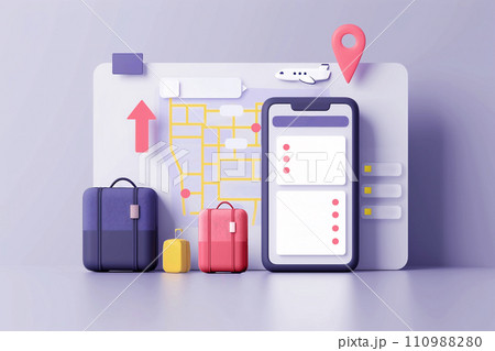 Digital interface, screen displaying an app, designed for travel planning with checklist for a trip. 110988280