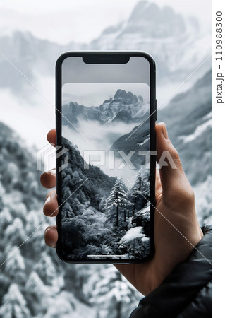 Traveller taking pictures of beautiful scenery with a mobile phone in one hand. 110988300