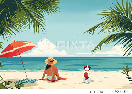 Picturesque image of vacationing woman relaxing on the beach with her dog, capturing the tranquil atmosphere of a beach day. 110988306