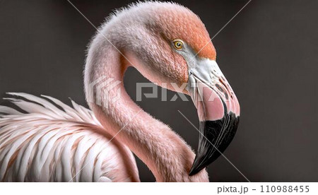 closeup image of beautiful pink flamingo on dark tone background, 16:9 widescreen wallpaper 110988455