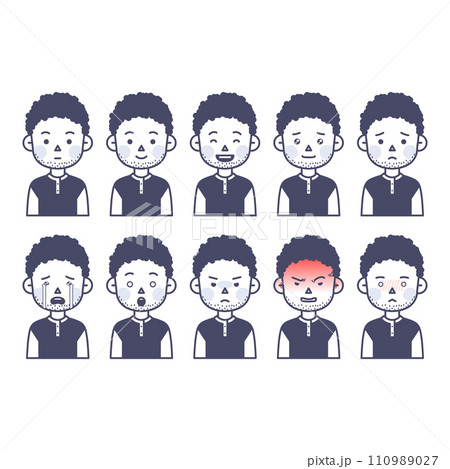 man with curly hair who expresses various emotions 110989027