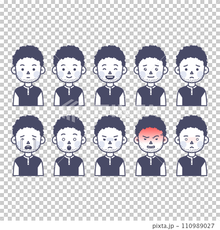 man with curly hair who expresses various emotions 110989027