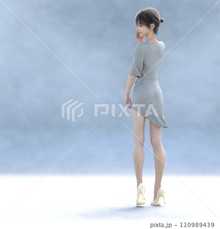 グレーのドレスを着た美脚女性　perming3DCG　イラスト素材 110989439