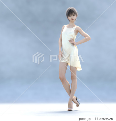 アイボリーのシルクドレスを着た美脚女性 perming3DCG イラスト素材 アイボリーのシルクドレスを着た美脚女性 perming3DCG イラスト素材 110989526