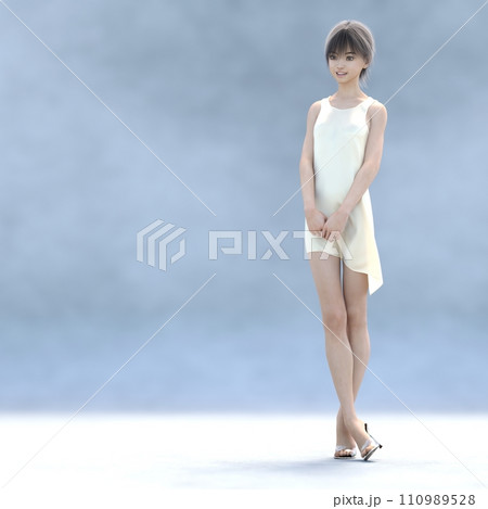 アイボリーのシルクドレスを着た美脚女性　perming3DCG　イラスト素材 110989528