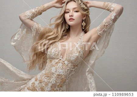 白いドレスを着てポーズをとる金髪女神_AI 110989653