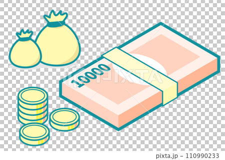 Illustration of cash and drawstring bag 110990233