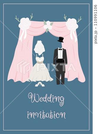 Wedding invitation depicting the bride's dress, groom's tailcoat and wedding arch on blue background. 110991106