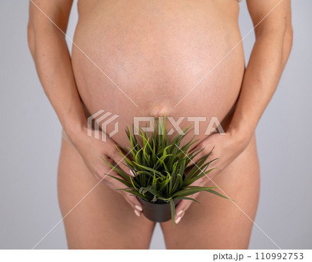 Faceless pregnant woman holding a plant. Metaphor for epilation of the bikini area. Faceless pregnant woman holding a plant. Metaphor for epilation of the bikini area. 110992753
