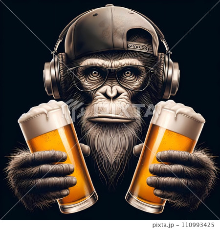 A hip hop monkey holding two same pints of beer. 110993425