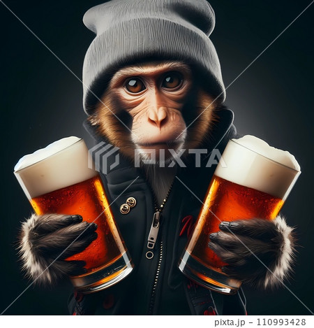 A hip hop monkey holding two same pints of beer. 110993428
