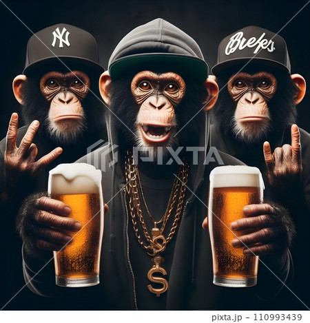 A hip hop monkey holding two same pints of beer. 110993439