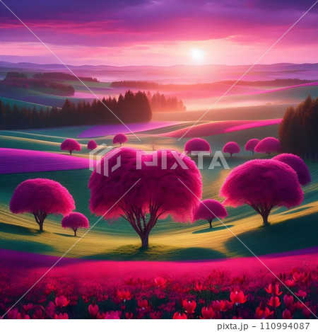 Beautiful landscape a spring field with fuchsia heart-shaped trees. 110994087