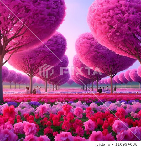 Beautiful landscape a spring field with fuchsia heart-shaped trees. 110994088
