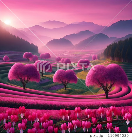 Beautiful landscape a spring field with fuchsia heart-shaped trees. 110994089