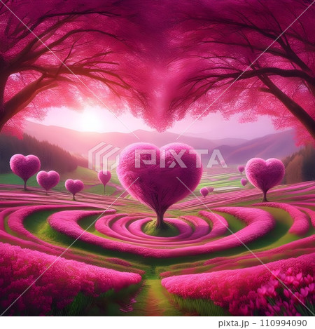 Beautiful landscape a spring field with fuchsia heart-shaped trees. 110994090