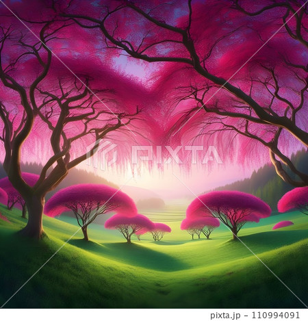 Beautiful landscape a spring field with fuchsia heart-shaped trees. 110994091