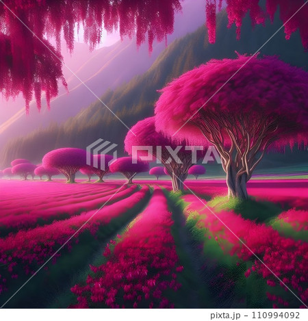 Beautiful landscape a spring field with fuchsia heart-shaped trees. 110994092