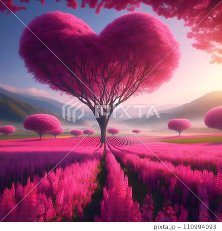 Beautiful landscape a spring field with fuchsia heart-shaped trees. 110994093