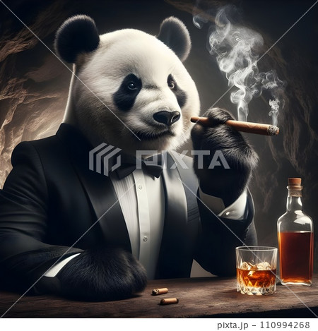 Panda in a tuxedo, serious look on his face, sitting at a table in a cavern.  110994268
