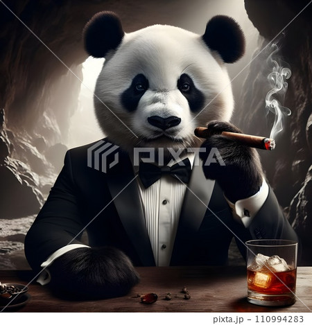 Panda in a tuxedo, serious look on his face, sitting at a table in a cavern.  110994283