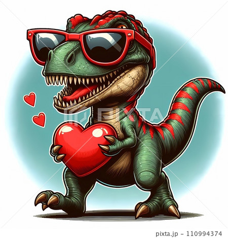 SCARY dinasour carries a heart and wearing red sunglasses, illustration 110994374