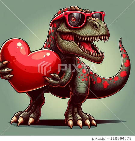 SCARY dinasour carries a heart and wearing red sunglasses, illustration 110994375