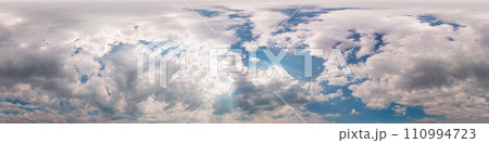 Blue summer sky panorama with puffy Cumulus clouds. HDR 360 seamless spherical panorama. Full zenith or sky dome for 3D visualization, sky replacement for aerial drone panoramas. 110994723
