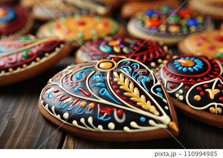 easter cookies with color icing and painting floral ornament on wood background 110994985