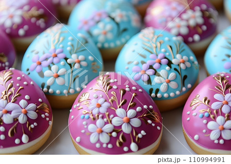 easter egg shaped cookies with colorful icing and painting floral ornament easter egg shaped cookies with colorful icing and painting floral ornament 110994991