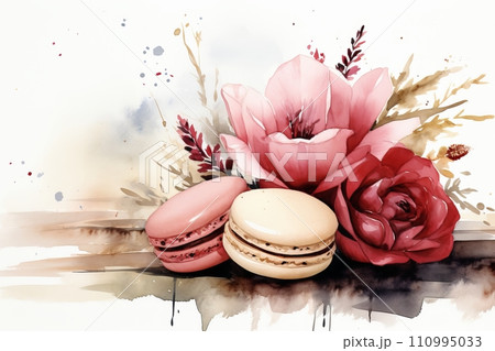 Watercolor illustration with macarons cookies and red flowers on background 110995033
