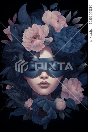 Black fashion woman illustration with a pink peony flowers on dark background 110995036