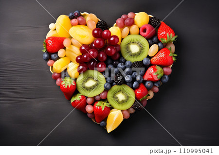 Heart-shaped slice of various fruits arranged on wooden table 110995041