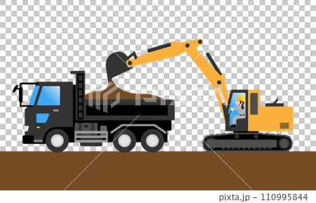 ショベルカーで掘削した土砂をダンプカーに載せる女性作業員 110995844