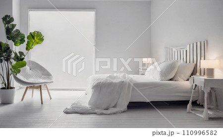 窓から光が差し込む白い部屋とシンプルなベッドのAI画像 110996582