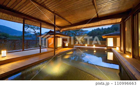 温泉旅館の客室から見る温泉の風景のAI画像 温泉旅館の客室から見る温泉の風景のAI画像 110996663