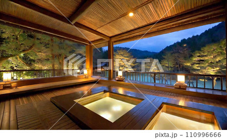 温泉旅館の客室から見る温泉の風景のAI画像 温泉旅館の客室から見る温泉の風景のAI画像 110996666