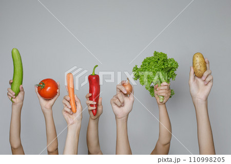 Hands with fresh vegetables isolated on gray background. Organic food and healthy eating concept Hands with fresh vegetables isolated on gray background. Organic food and healthy eating concept 110998205