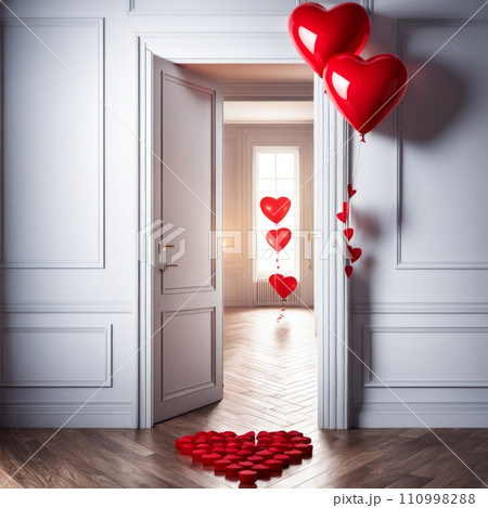 Room with open door and heart shaped balloons entering Room with open door and heart shaped balloons entering 110998288