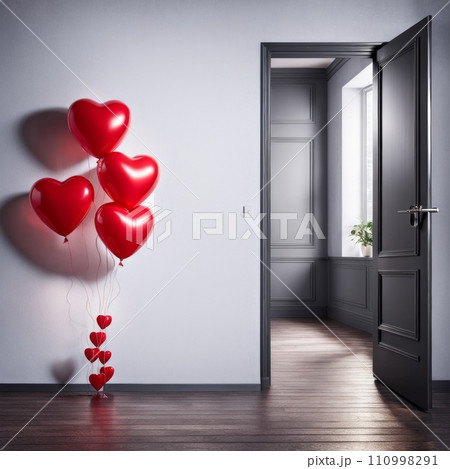 Room with open door and heart shaped balloons entering Room with open door and heart shaped balloons entering 110998291