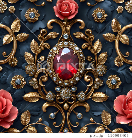 ローズとジュエリーで飾られたバロック様式のオーナメントのシームレス背景 110998405