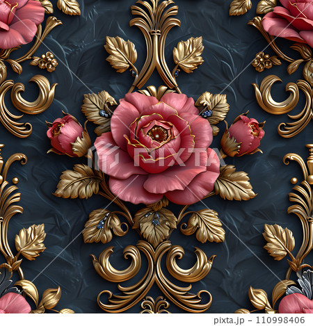 ローズとジュエリーで飾られたバロック様式のオーナメントのシームレス背景 110998406
