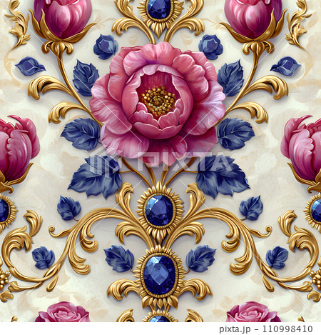 ローズとジュエリーで飾られたバロック様式のオーナメントのシームレス背景 110998410