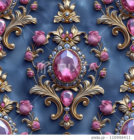 ローズとジュエリーで飾られたバロック様式のオーナメントのシームレス背景 110998411