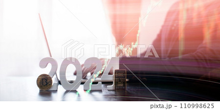 businessman buys gold and bitcoin in 2024 using digital technology and laptop computer. Finance and trade concept 2024. businessman buys gold and bitcoin in 2024 using digital technology and laptop computer. Finance and trade concept 2024. 110998625