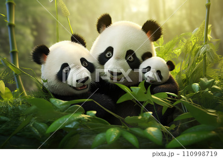 Panda bear family enjoying bamboo feast in the bamboo forest, showcasing the adorable black and white mammal in its natural habitat amidst lush bamboo forest. Wild Animals. Generative AI. 110998719