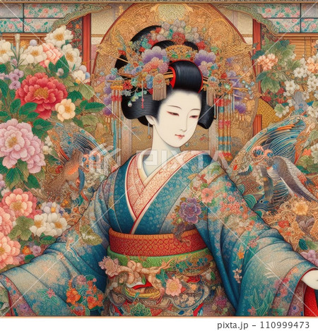 Japanese woman dancing elegant Figure Amidst a Floral Fantasy  Japanese woman dancing elegant Figure Amidst a Floral Fantasy  110999473